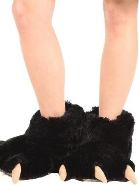 Lazy One Wms Black Bear Fluffy Faux Fur Fleece Lined Non-Skid Slippers with Toes